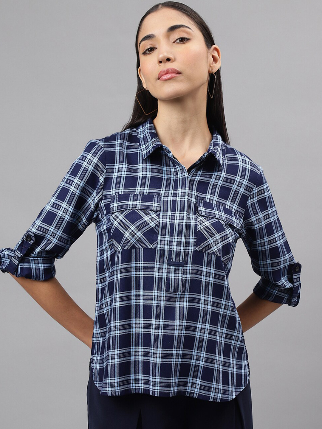 Latin Quarters Checked Shirt Collar Roll-Up Sleeves Opaque Shirt Style Top