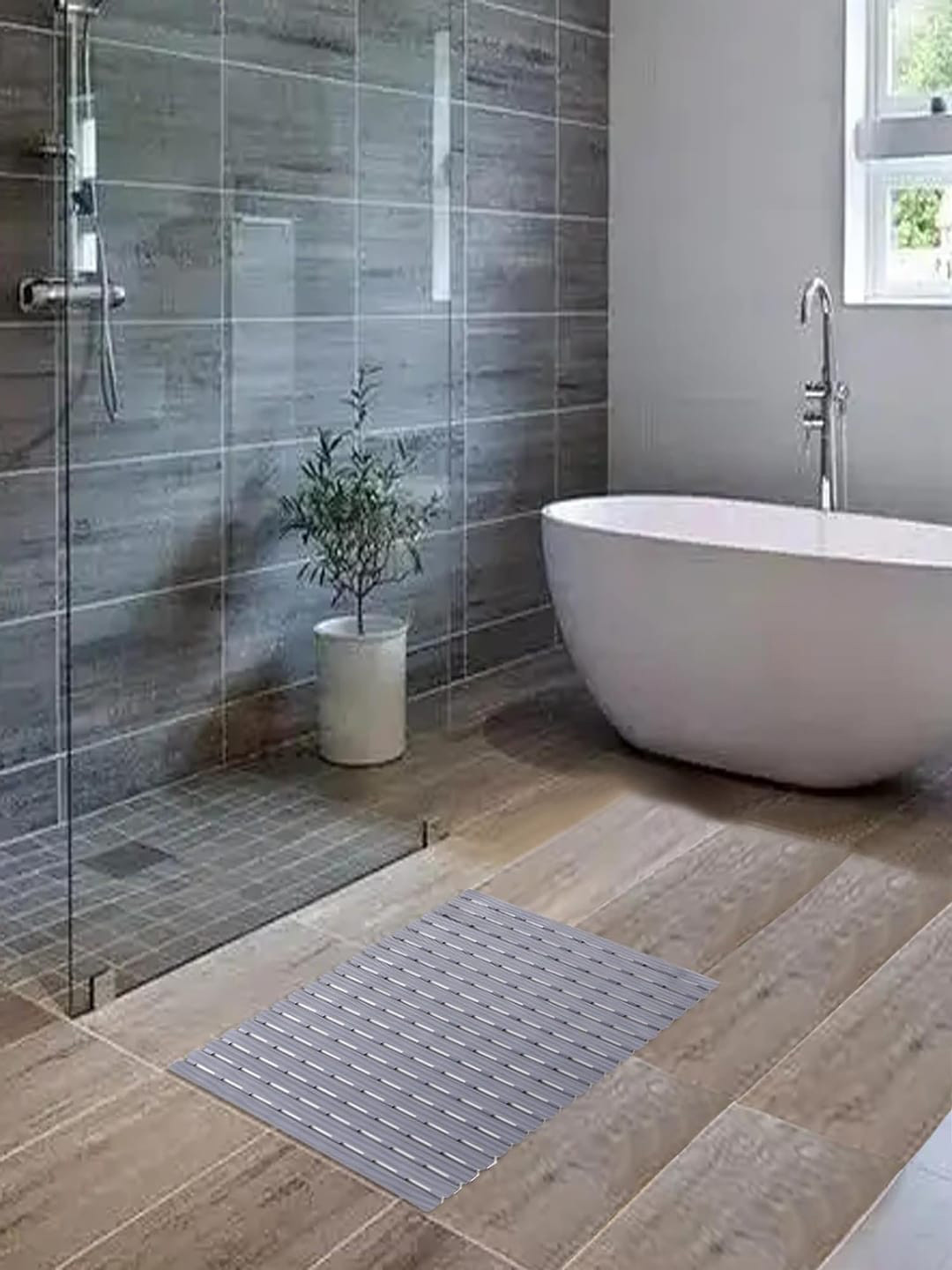 Kuber Industries Grey Textured  120 GSM Anti-Skid Bath Rug
