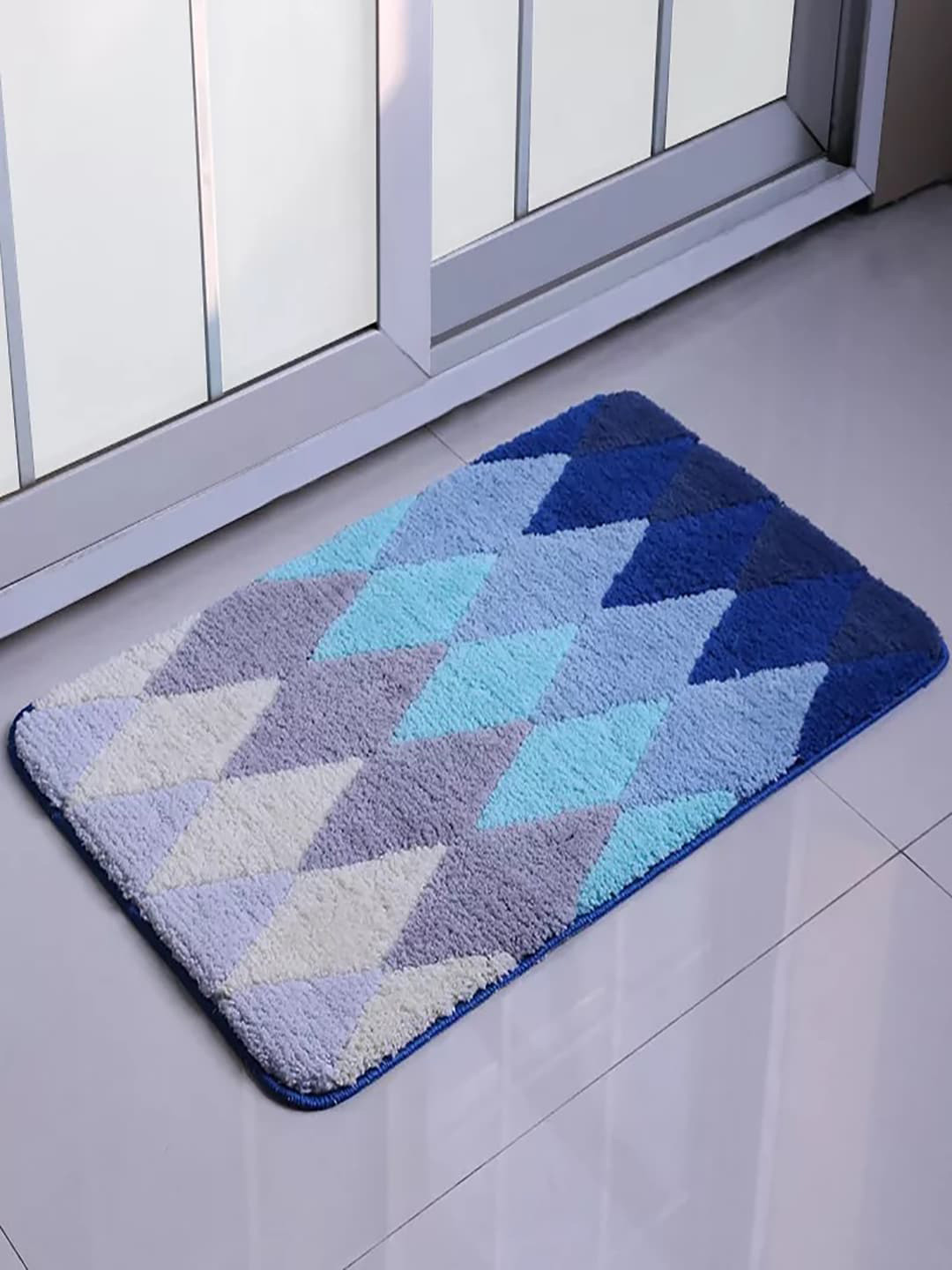Kuber Industries Blue & Grey Geometric Extra Soft Bath Rug