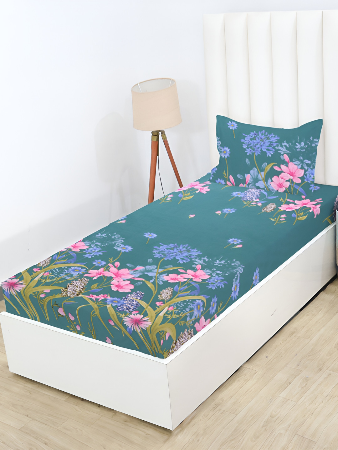 RD TREND Glace Cotton Green Floral Cotton 210 TC Fitted Single Fine Bedsheet with a Pillow Cover-228 x 152 cm