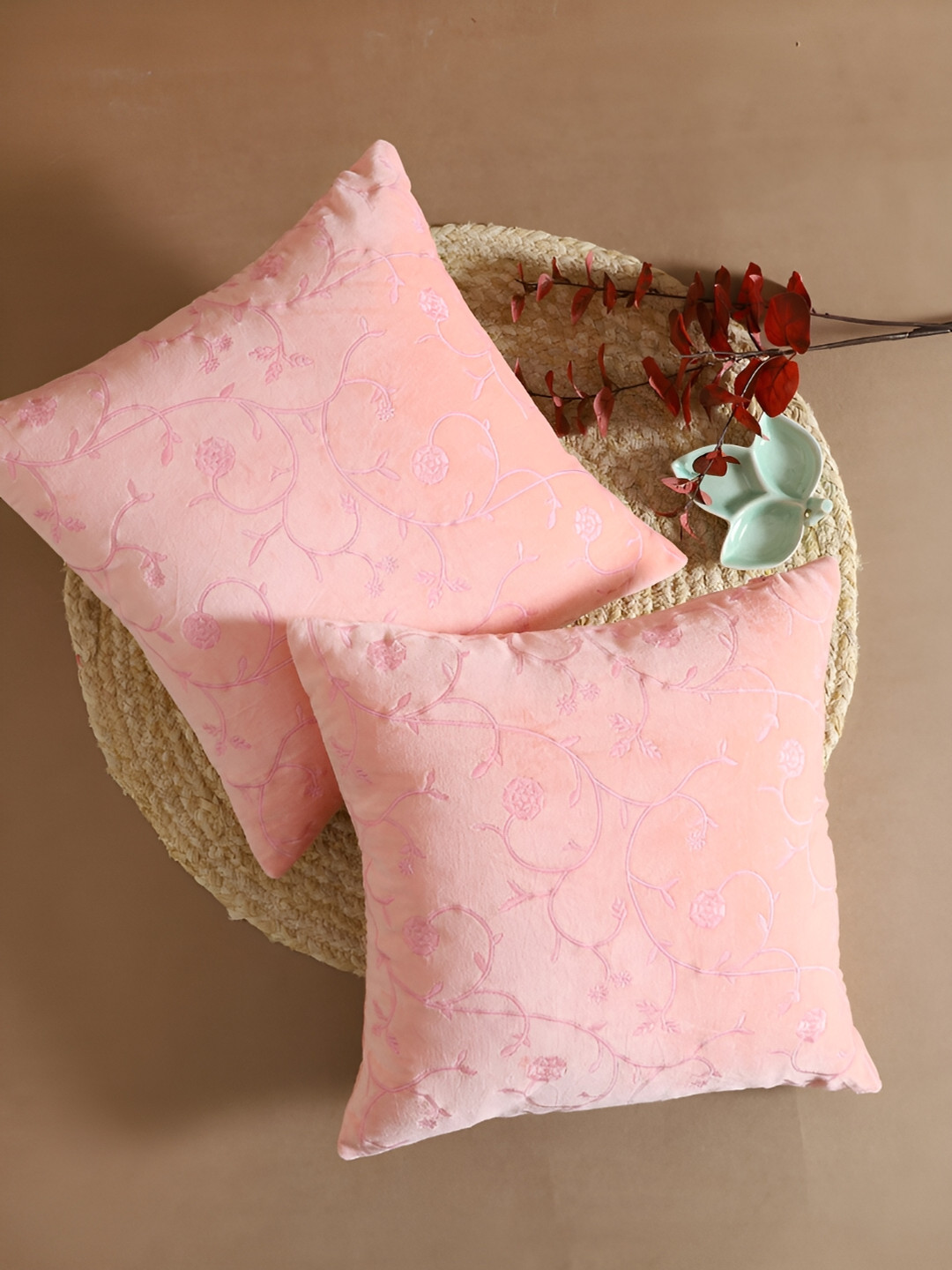 Ratan Cart Pink 2 Pcs Embroidered Square Cotton Cushion Covers