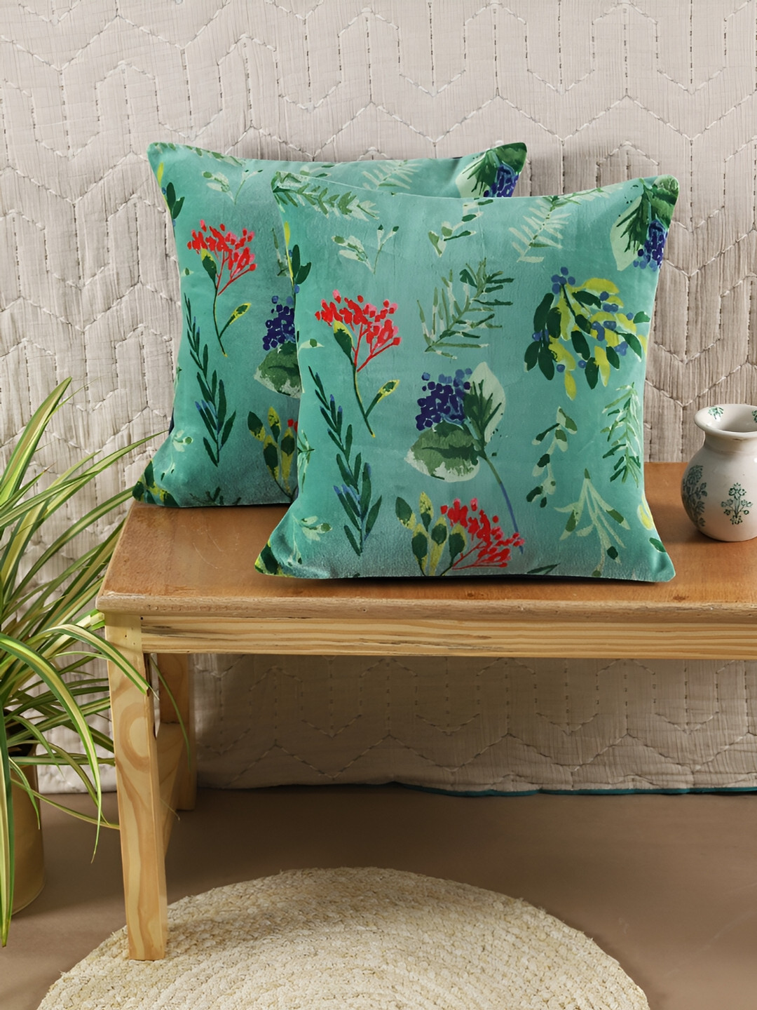 Ratan Cart Green Floral Cotton Breathable 2 Piece Square Cushion Covers - 16 x 16 Inches