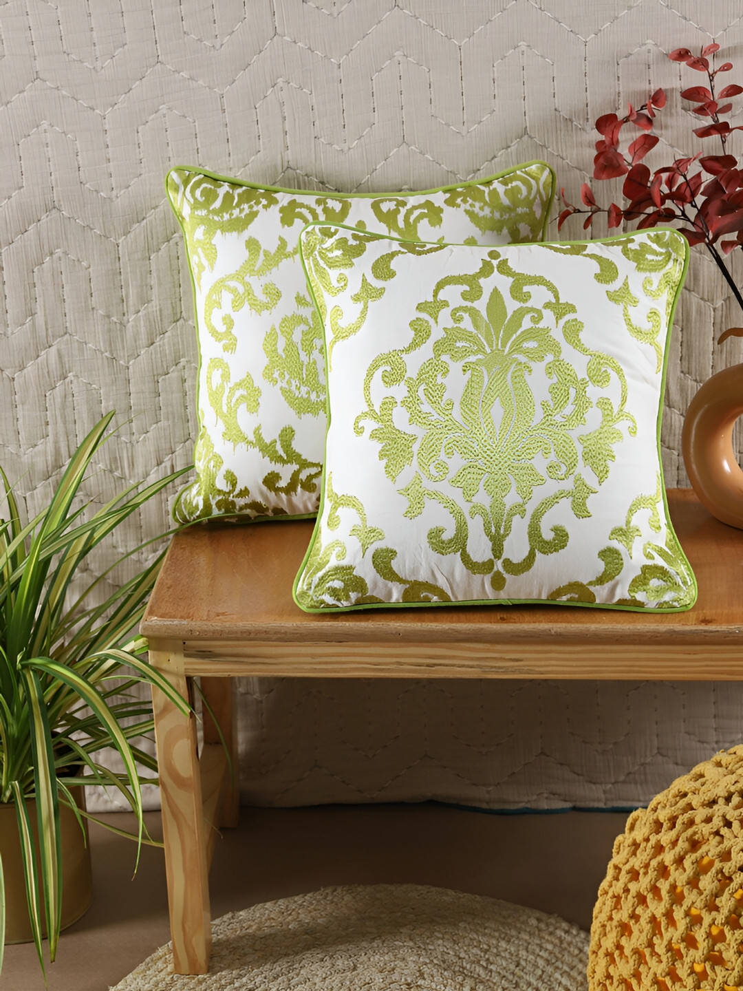 Ratan Cart Lime Green Embroidered Cotton Lightweight 2 Pcs Cushion Covers - 18 x 18 Inches