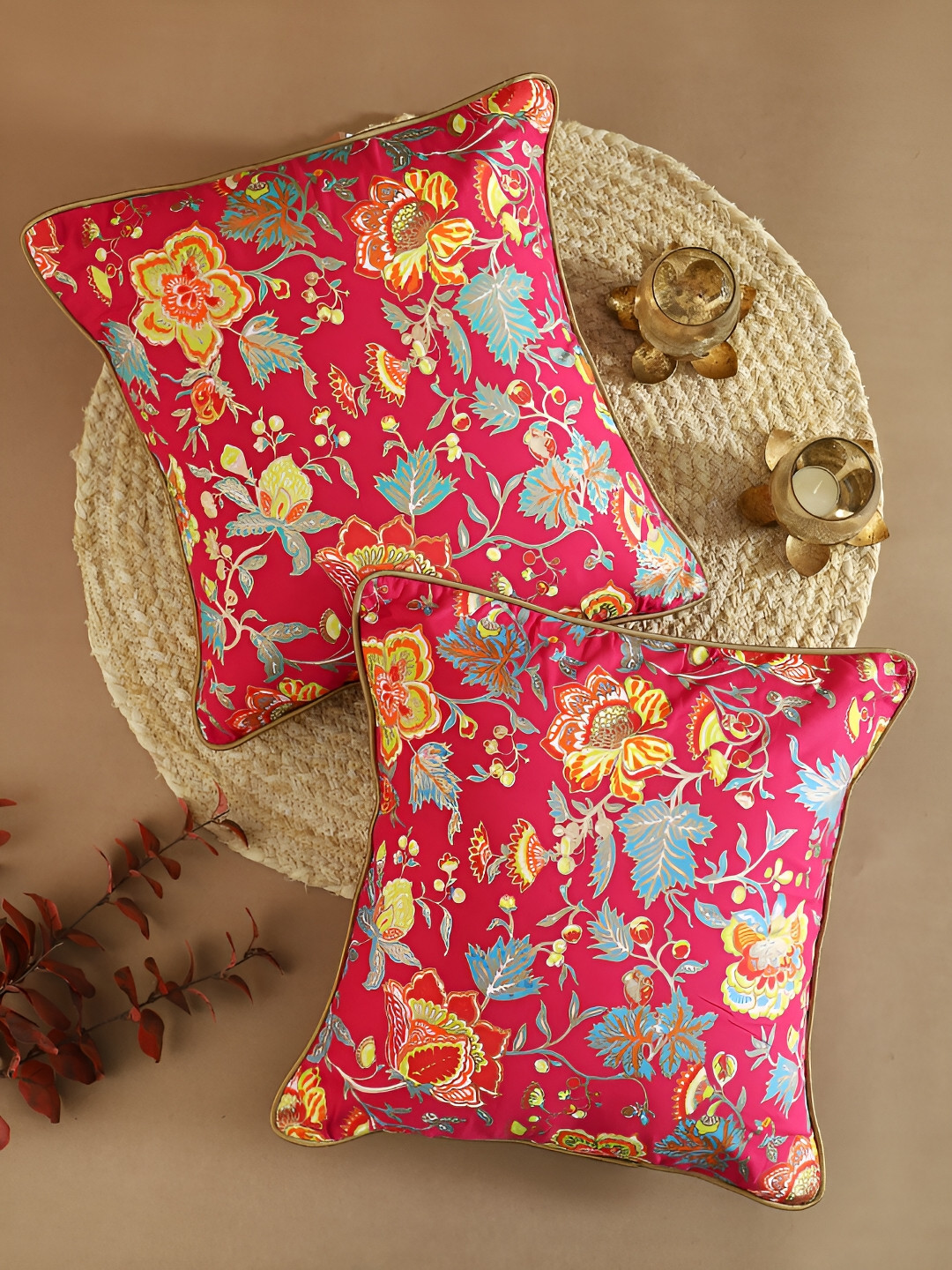 Ratan Cart Pink & Green 2 Pcs Floral Square Cotton Cushion Covers