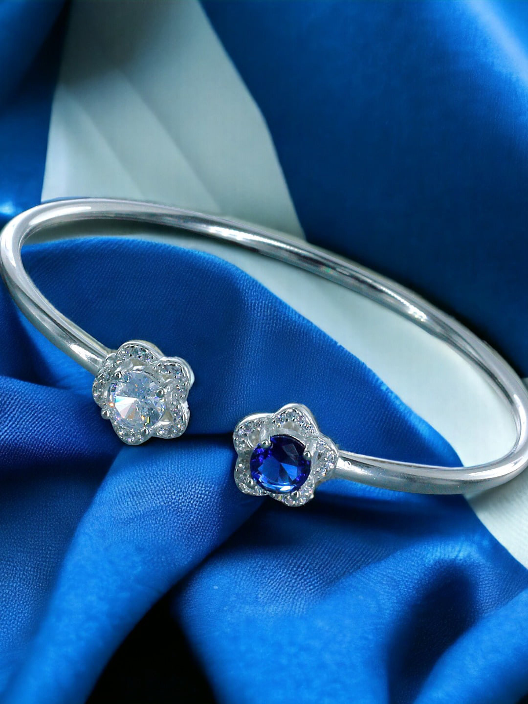 Taraash Women 925 Sterling Silver Floral CZ Stone Embellished Rhodium Finish Bangle