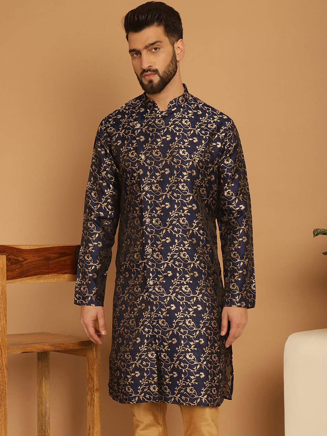 TREEMODA Floral Printed Cotton Mandarin Collar Thread Work Curved Straight Kurta