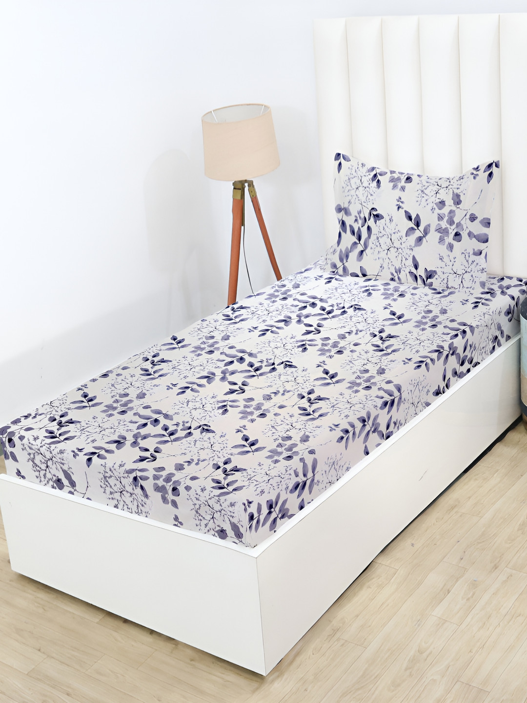 RD TREND Off White Floral Cotton 210 TC Fitted Single Fine Bedsheet with a Pillow Cover-78 x 60 inches
