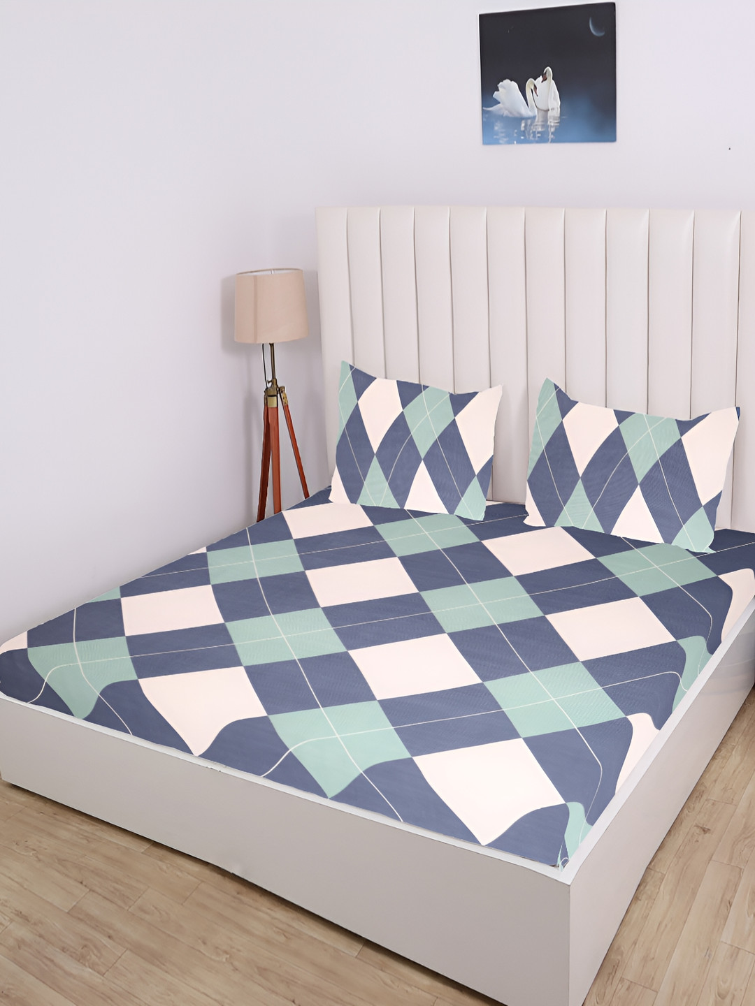 RD TREND Green Geometric Cotton 210 TC Fitted King Fine Bedsheet with 2 Pillow Covers-78 x 72 inches