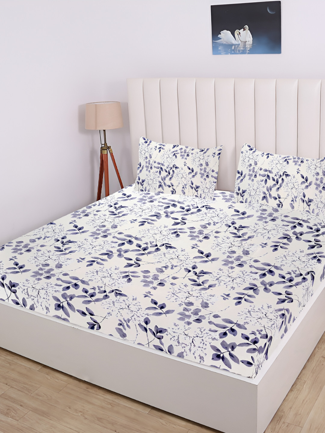 RD TREND Off White Leaf Cotton 210 TC Fitted King Fine Bedsheet with 2 Pillow Covers-100 x 90 inches