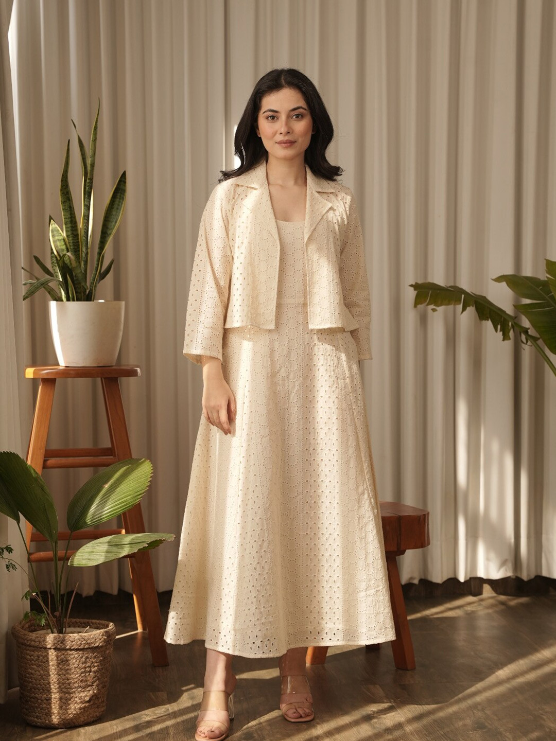 OneWe Self Design Shirt Collar Cotton Schiffli Work Fit & Flare Midi Dress With Jacket