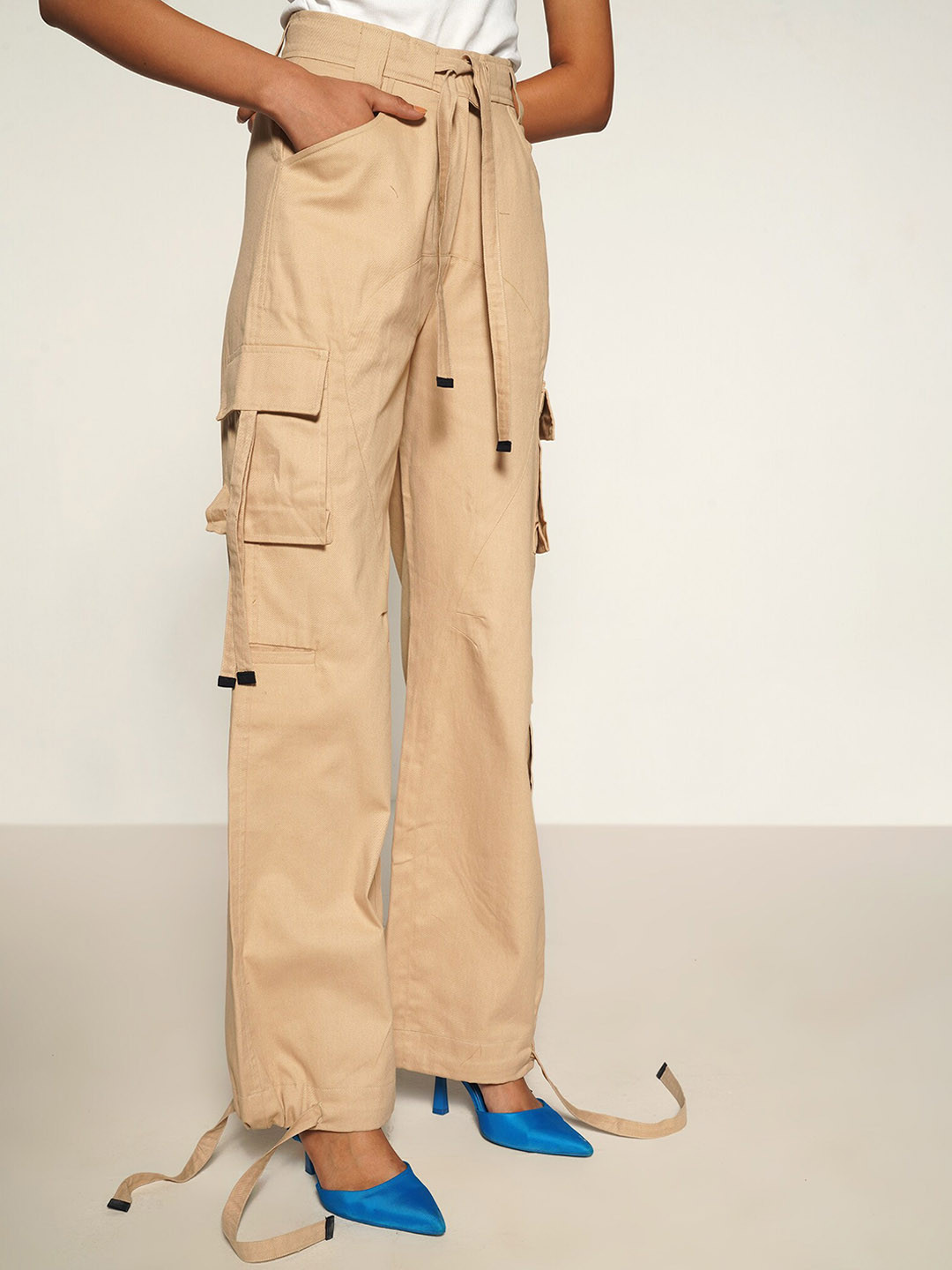 Shop Staple Women Flared High-Rise Cotton Cargos Trousers
