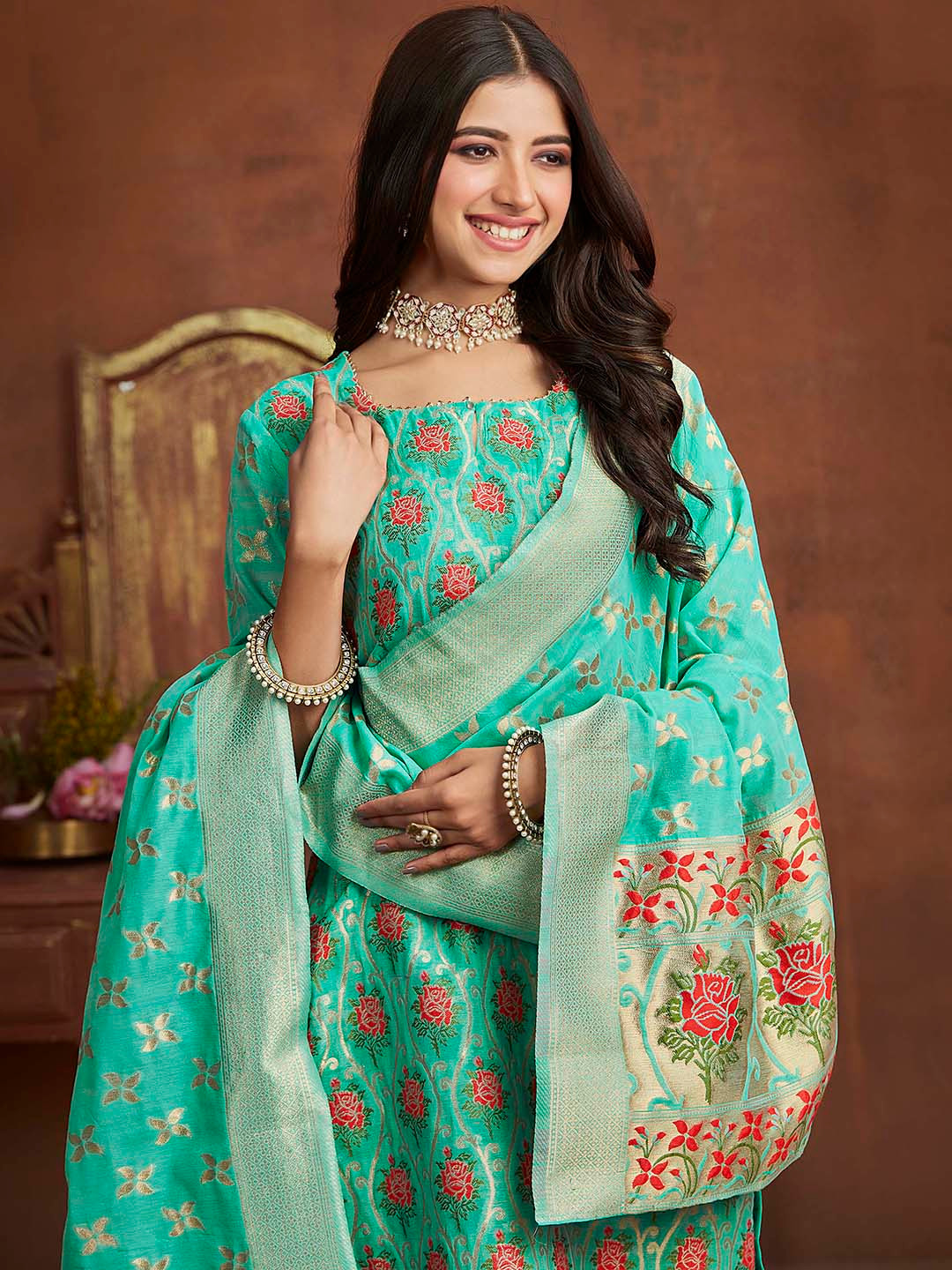 Sangria Green Floral Woven Design Three-Quarter Sleeves Round Neck Straight Kurta Set