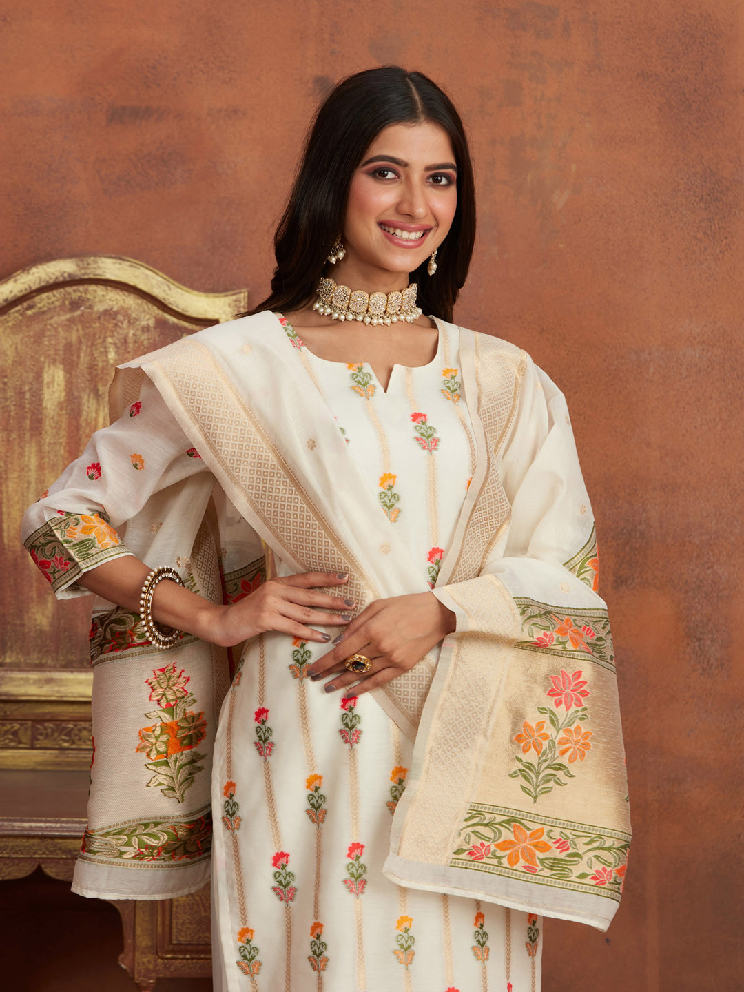 Sangria Off White Ethnic Motifs Woven Design Round Neck Straight Kurta Set