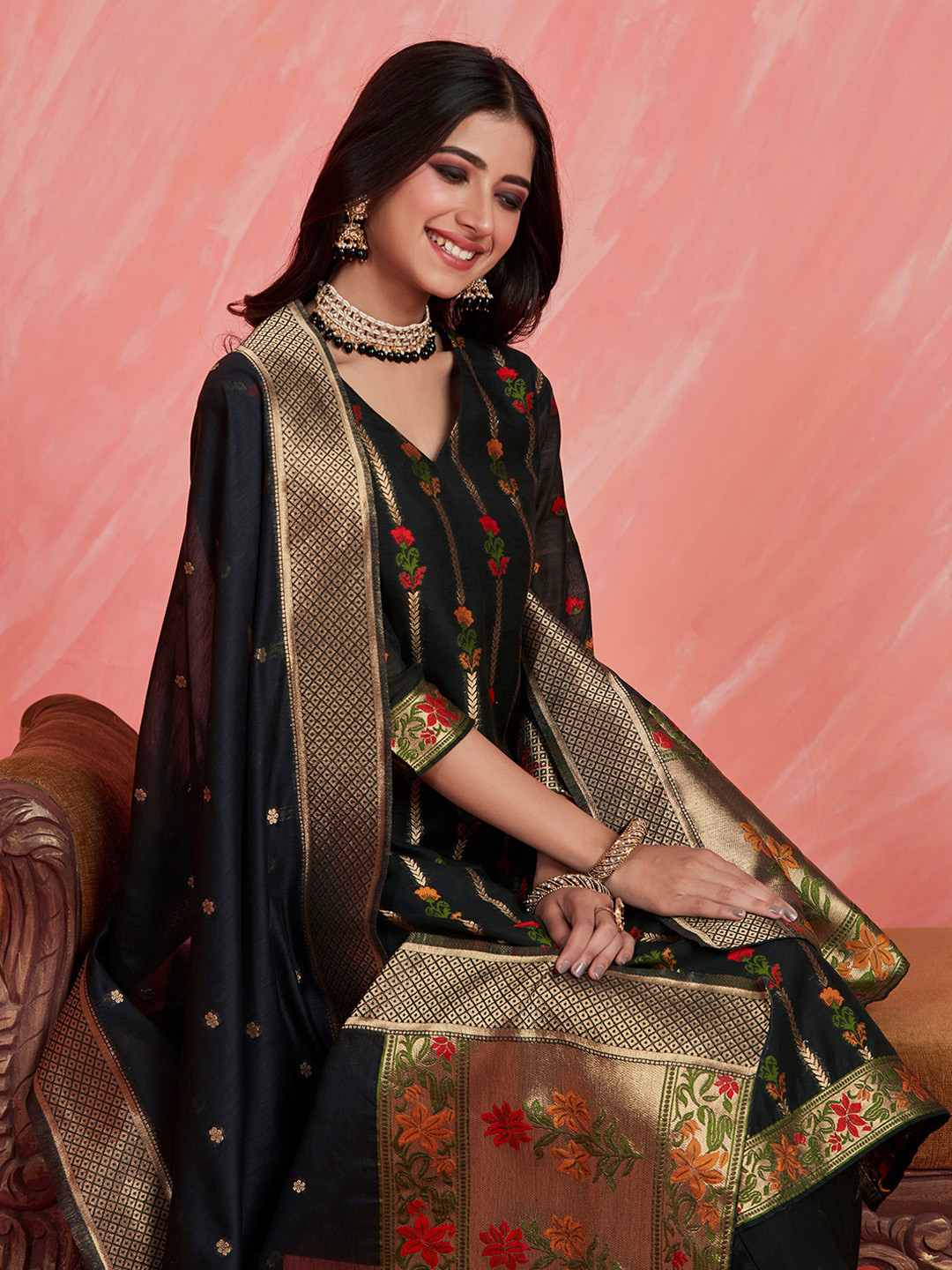 Sangria Black Floral Woven Design Chanderi Silk V-Neck Straight Kurta Set