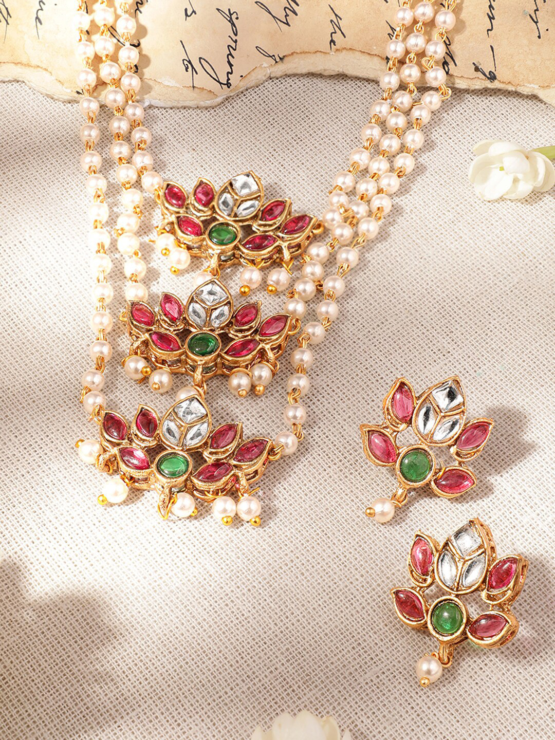 Rubans 22K Gold Plated Pearl Beaded Ruby & Emerald Studded Lotus Motif Jewelry Set