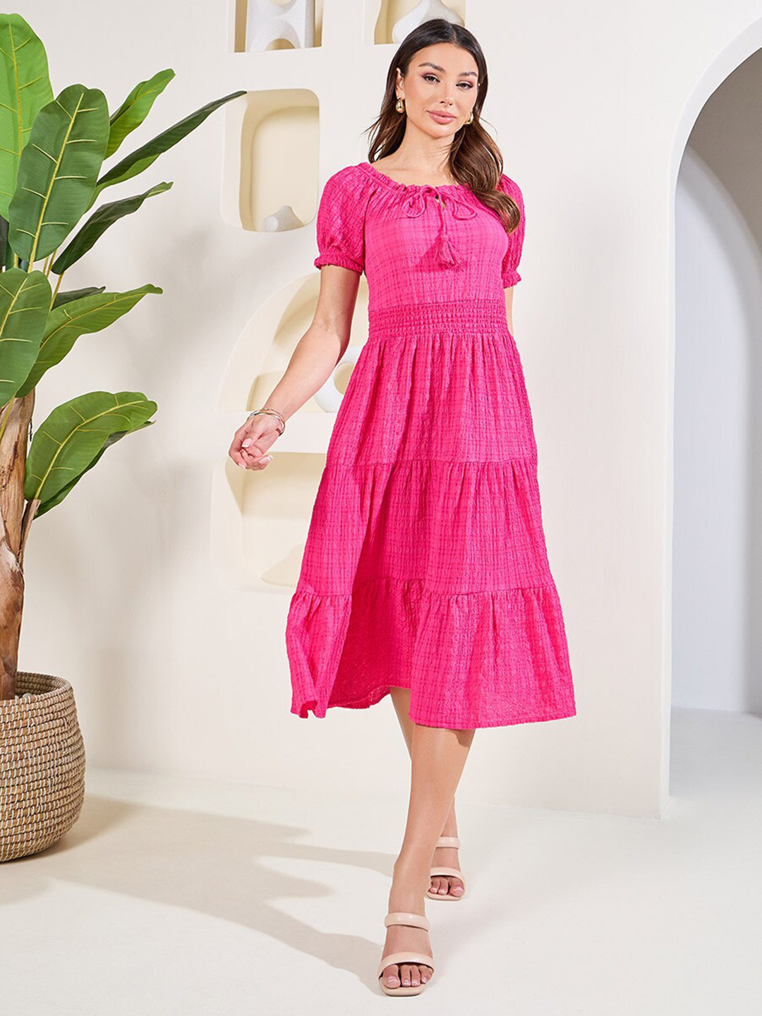 Styli Women Textured Print Tie Up Neck Tiered Midi Dress