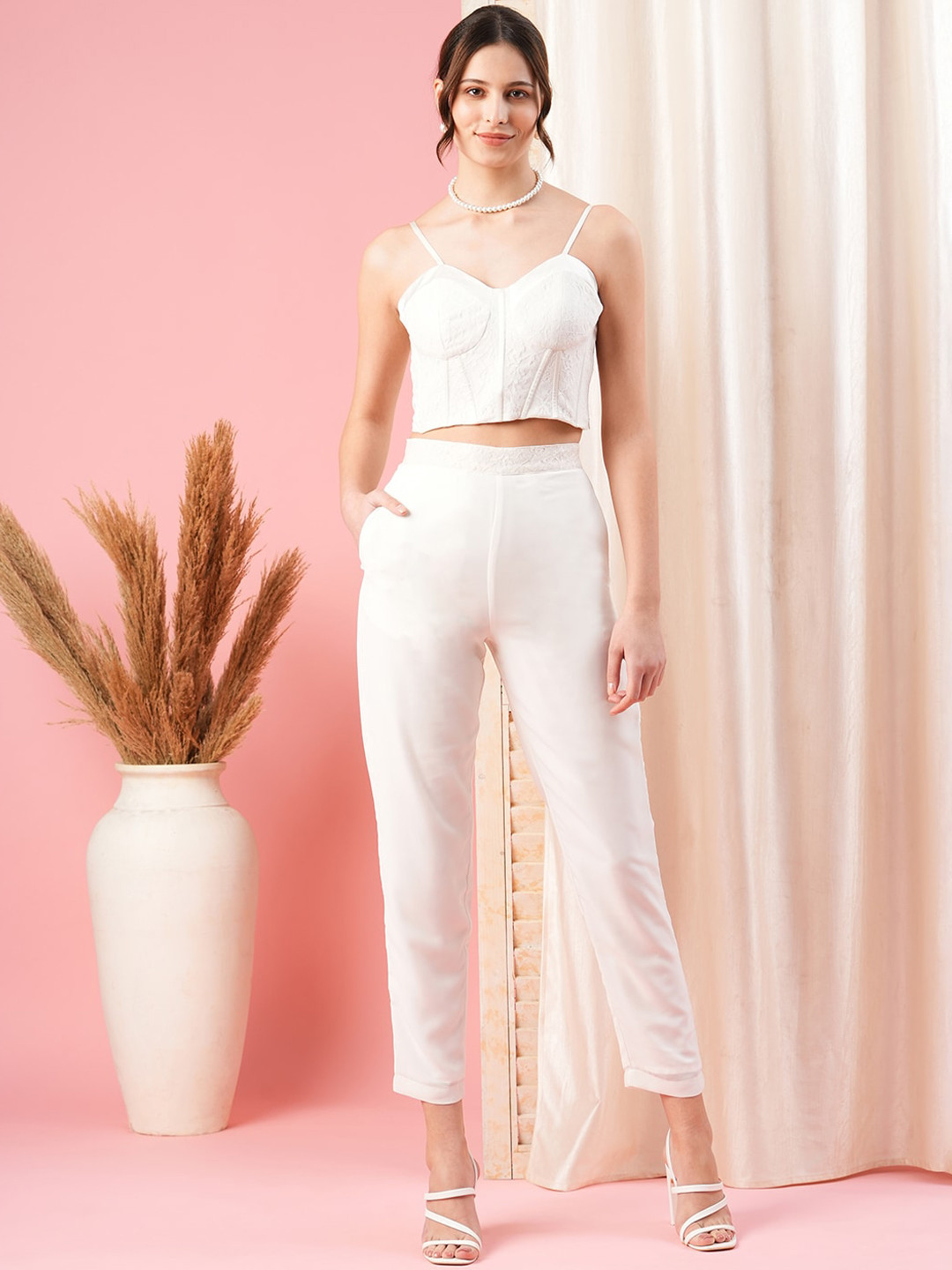 MISH White Self Design Shoulder Straps Top With Trousers