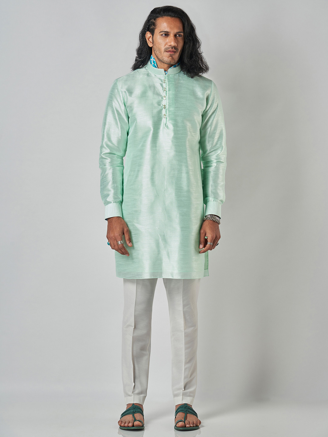 Bubber Blu Mandarin Collar Raw Silk Straight Kurta