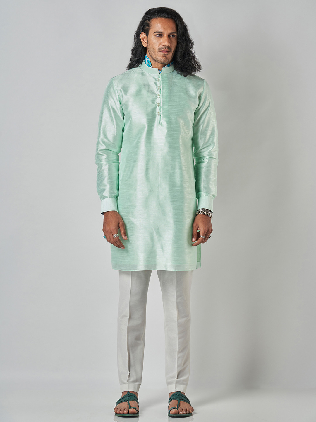 Bubber Blu Mandarin Collar Raw Silk Straight Kurta