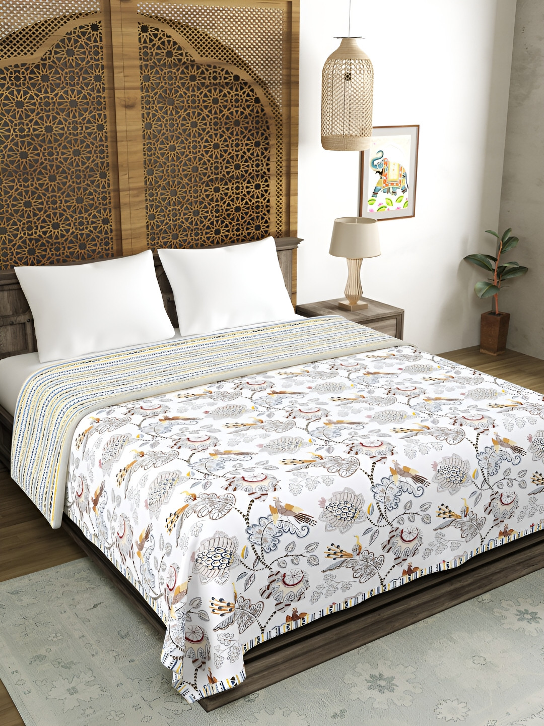 Sangria White & Brown Floral AC Room 150 GSM Double Bed Dohar
