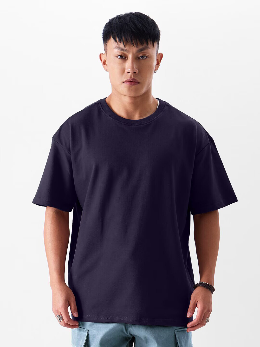 Crazymonk Cotton Three-Quarter Sleeves Oversized Raw Edge T-shirt