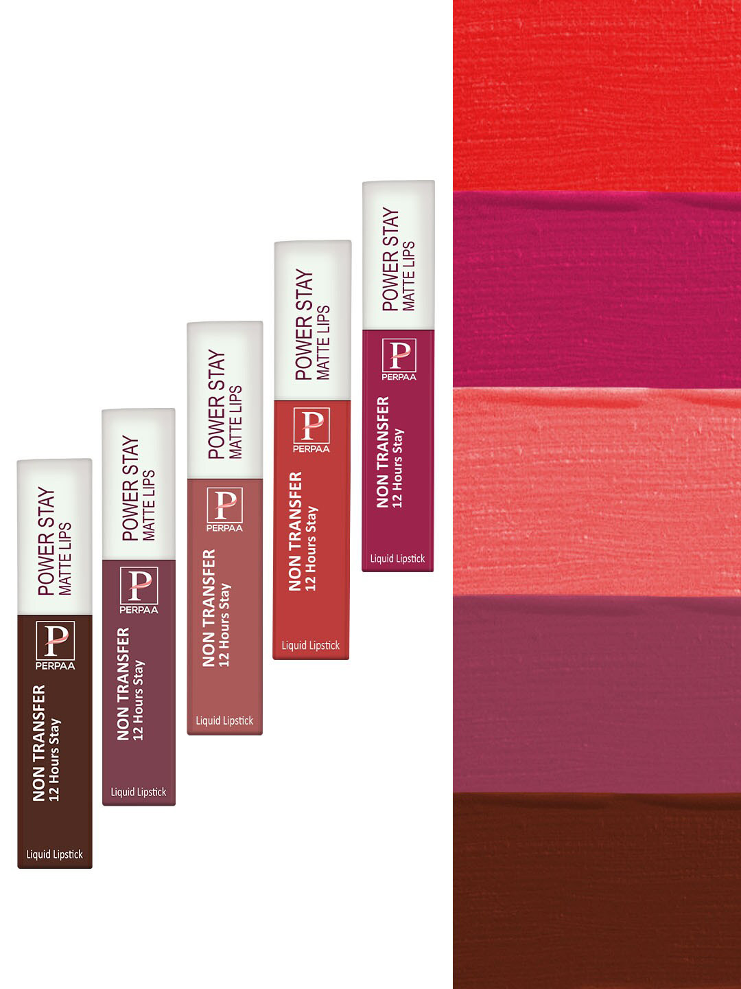 PERPAA Power Stay Set Of 5 Matte Liquid Lipstick - 5ml Each - Red-Nude-Pink-Brown-Mauve