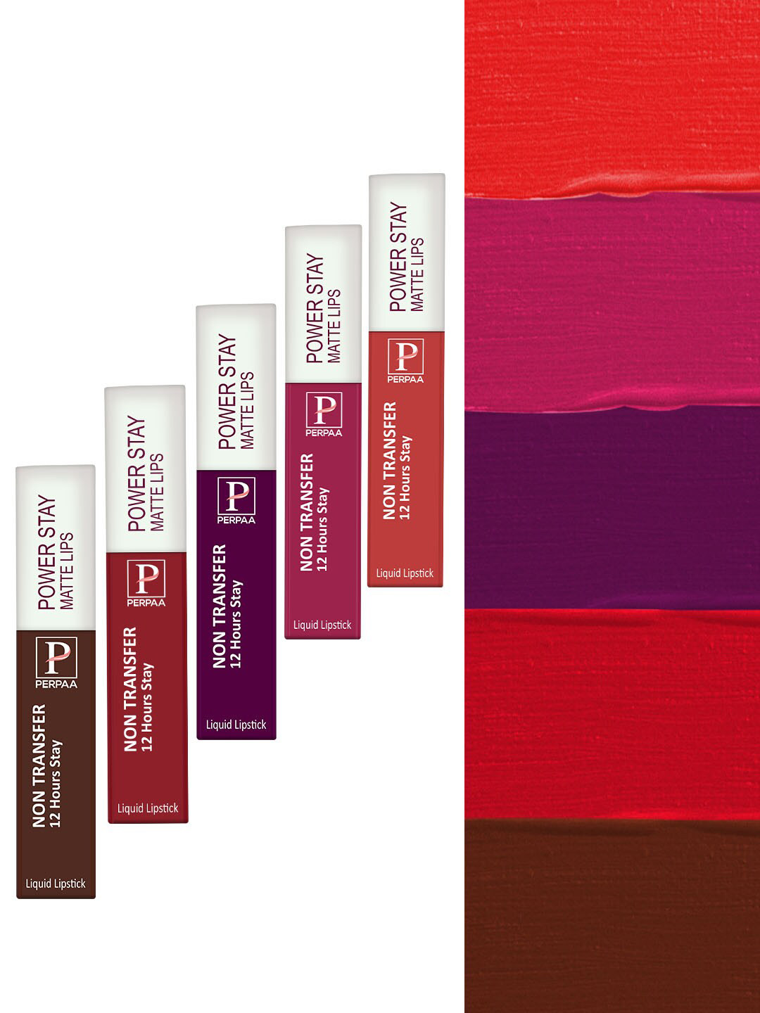 PERPAA Power Stay Set Of 5 Matte Liquid Lipstick - 5ml Each- Red-Wine-Pink-Brown-Apple Red