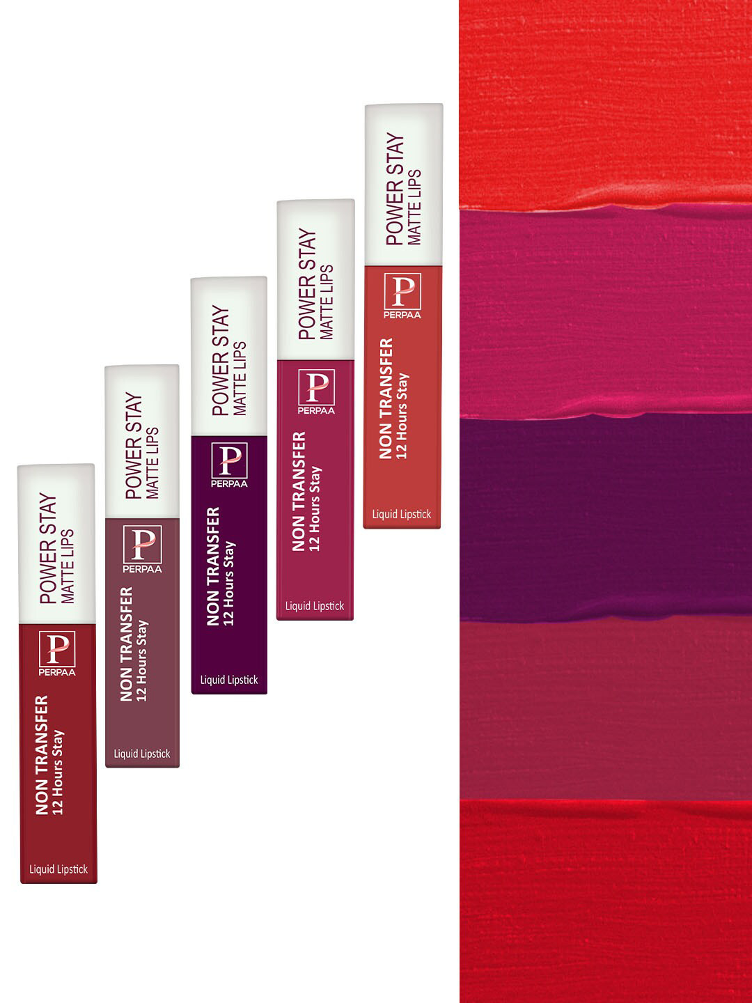PERPAA Power Stay Set Of 5 Matte Liquid Lipstick - 5ml Each -Red-Wine-Pink-Apple Red-Mauve