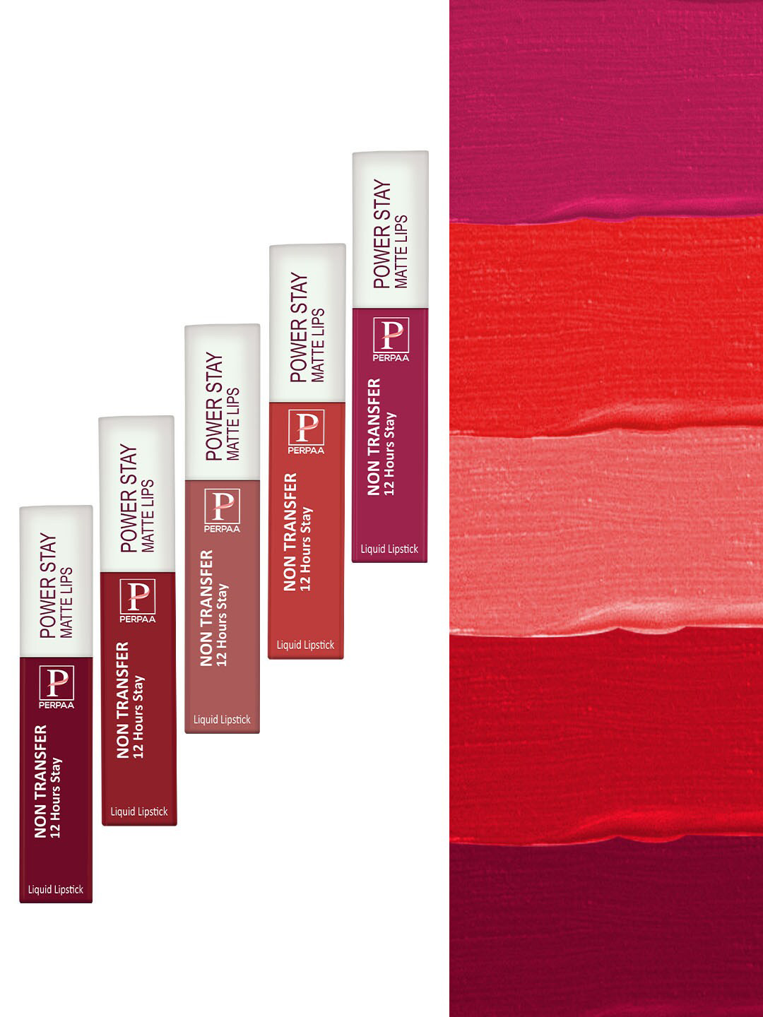 PERPAA Power Stay Set Of 5 Matte Liquid Lipstick-5mlEach-Red-Cherry Red-Pink-Nude-AppleRed