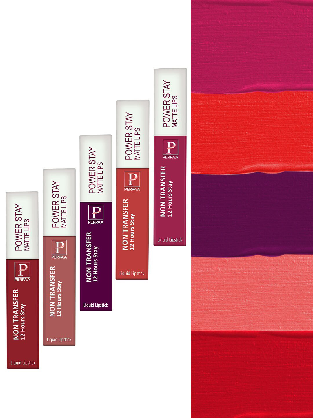 PERPAA Power Stay Set Of 5 Matte Liquid Lipstick - 5ml Each - Red-Wine-Pink-Nude-Apple Red