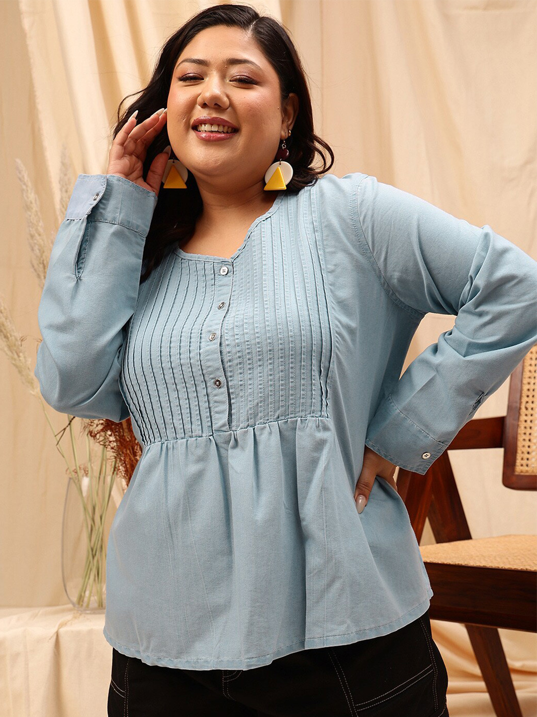 CURVY STREET Plus Size Striped Cotton Denim Top