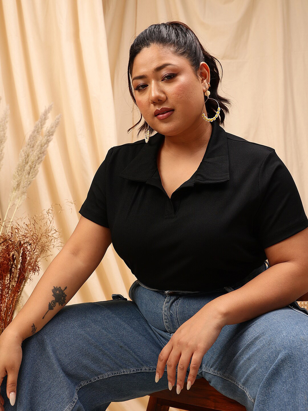 CURVY STREET Plus Size Striped Opaque Knitted Shirt