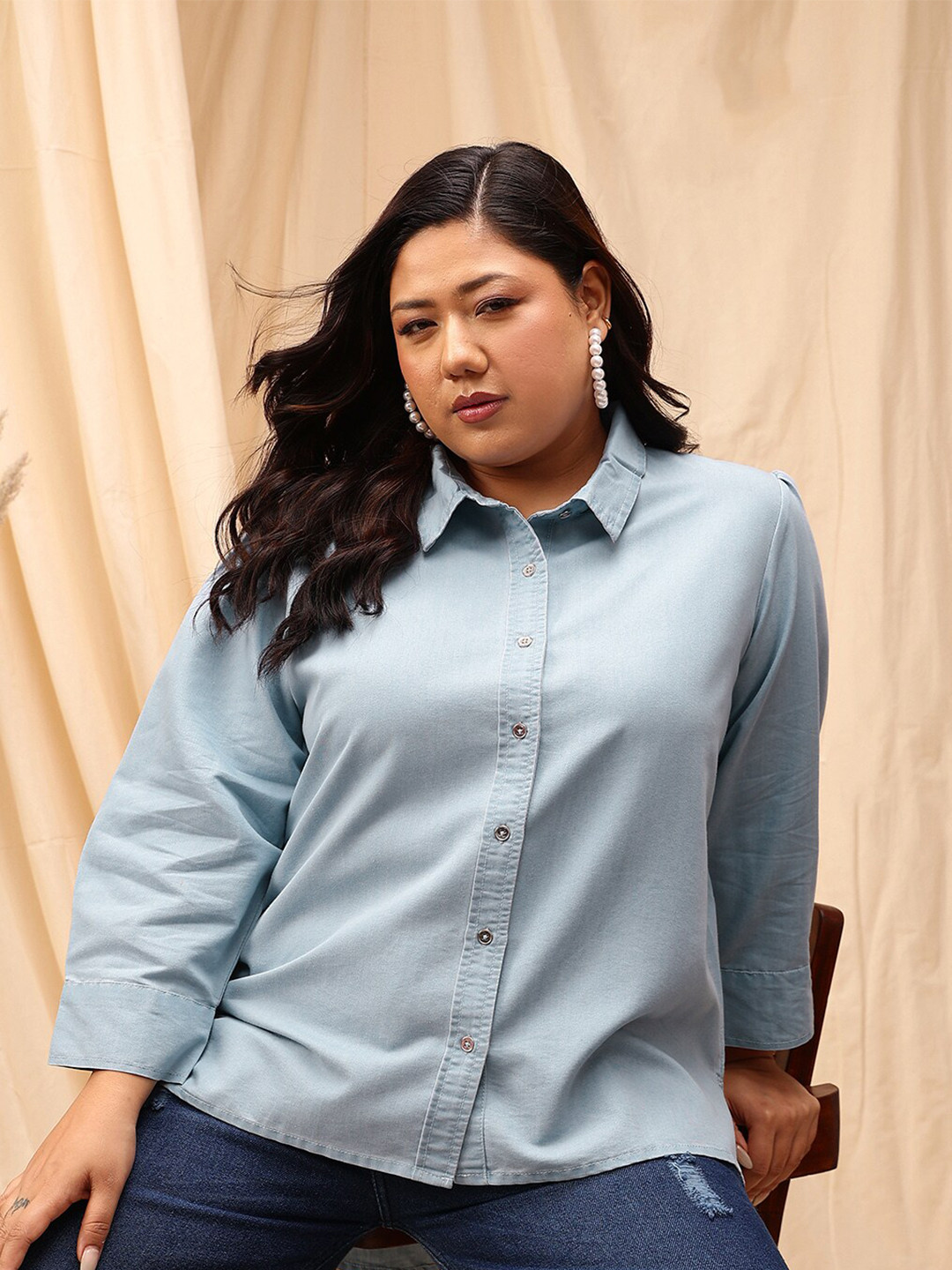 CURVY STREET Blue Comfort Spread Collar Cotton Curved Casual Shirt