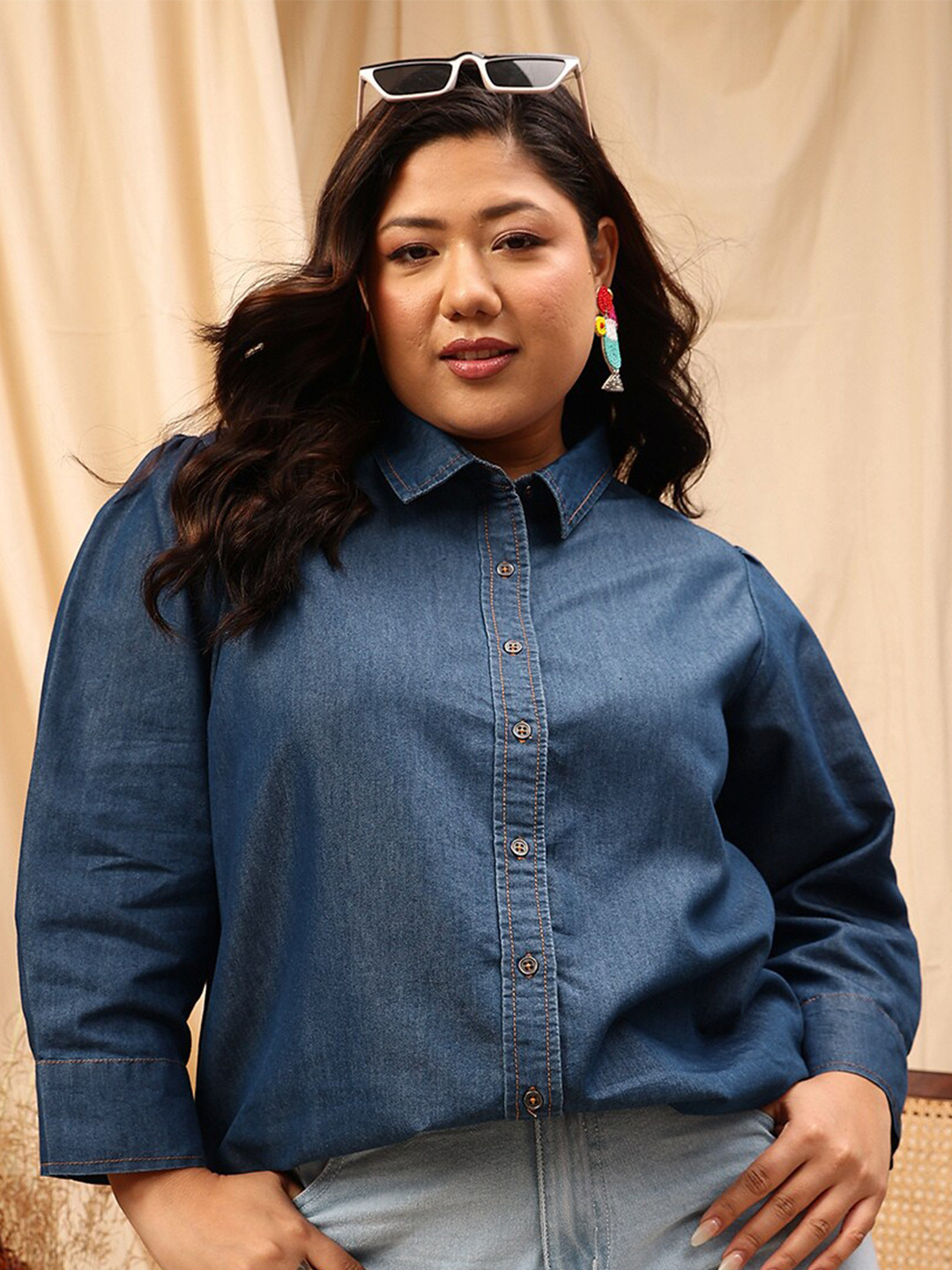 CURVY STREET Opaque Chambray Cotton Casual Regular Fit Shirt