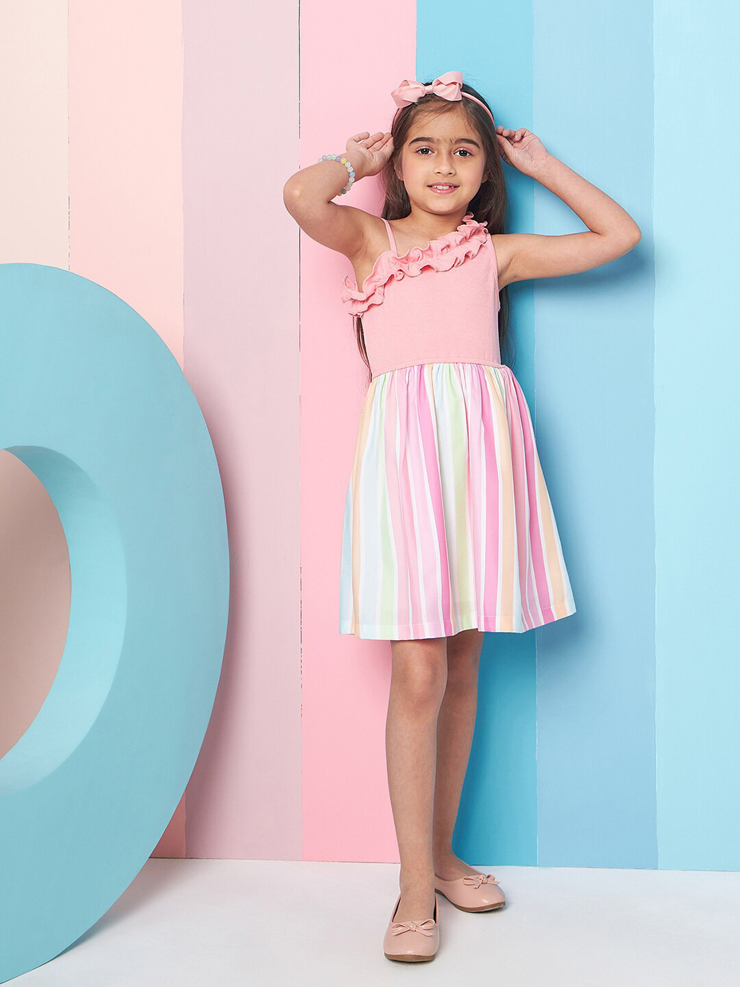 pspeaches Girls Shoulder Straps Sleeveless Striped Woollen Fit & Flare Dress