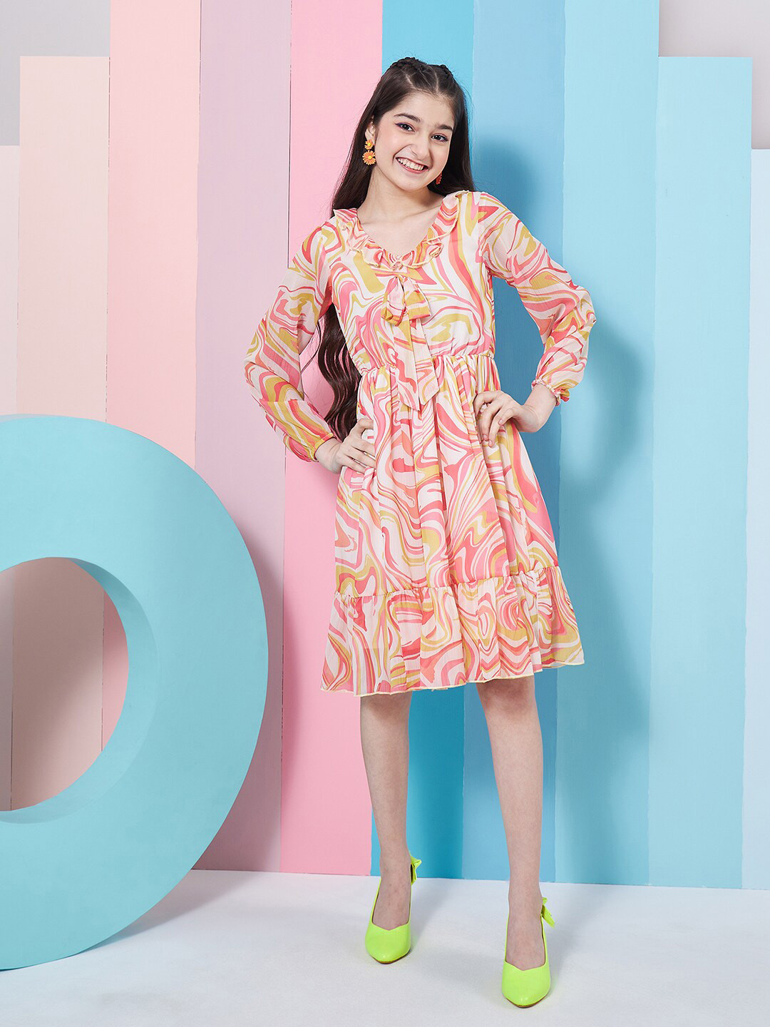 pspeaches Girls V-Neck Cuffed Sleeves Floral Print Fit & Flare Dress