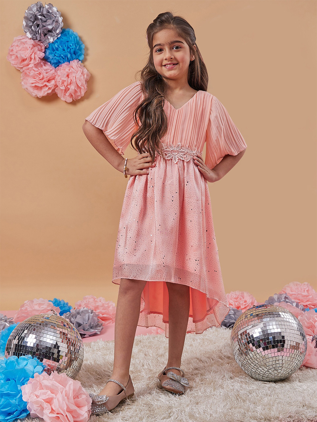 pspeaches Girls V-Neck Floral Print Flared Sleeve A-Line Dress