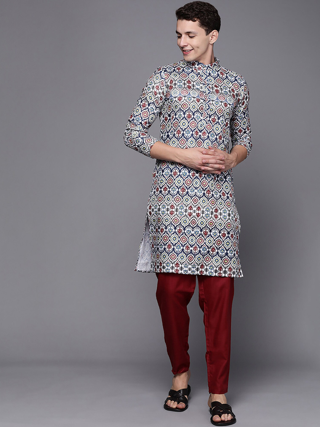 Indo Era White & Red Ethnic Motifs Printed Cotton Straight Kurtas