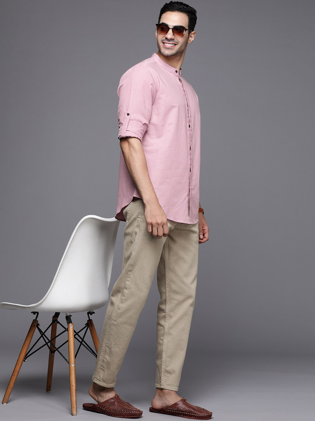 Indo Era Smart Mandarin Collar Cotton Casual Shirt