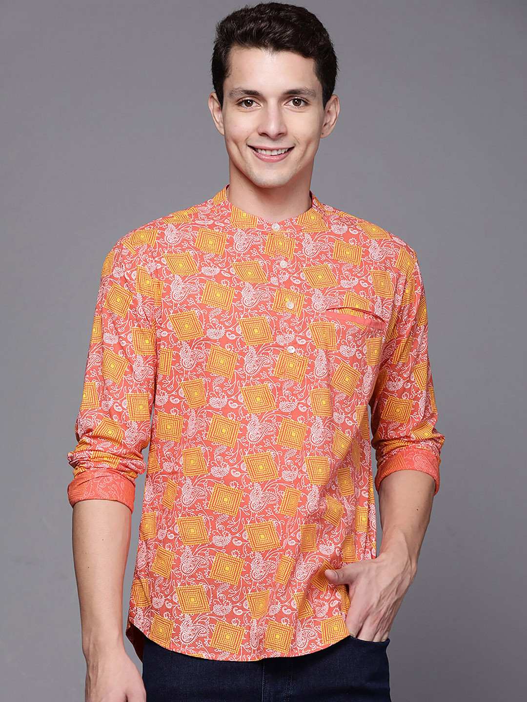 Indo Era Ethnic Motifs Printed Mirror Work Cotton Mandarin Collar Straight Kurta