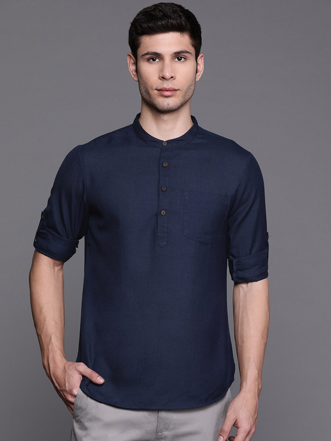 Indo Era Band Collar Indigo Roll-Up Sleeves Pure Cotton Straight Kurta
