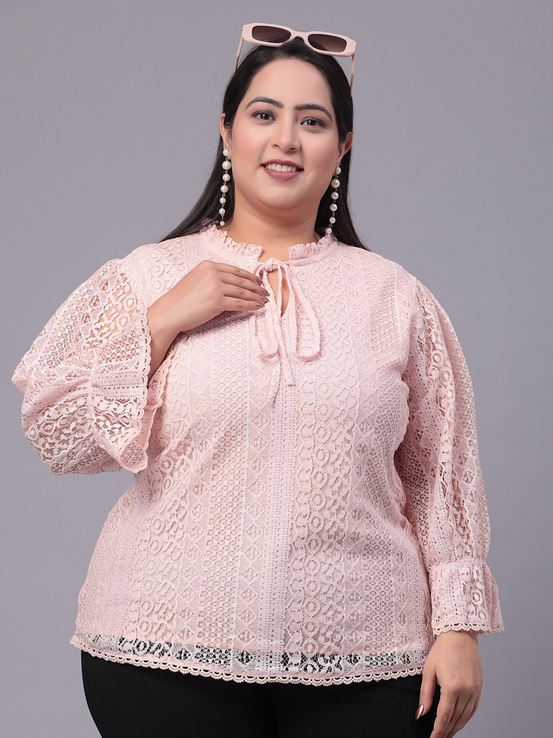 Style Quotient Plus Size Tie-Up Neck Puff Sleeve Cotton Top