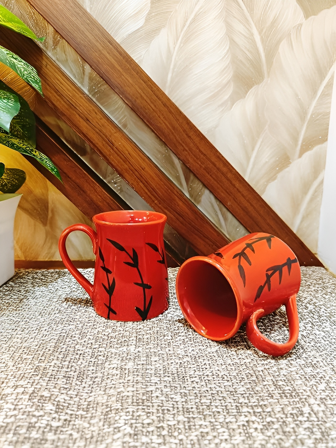 caffeine Red Leaf Ceramic Handmade 2 Piece Mugs-180ml