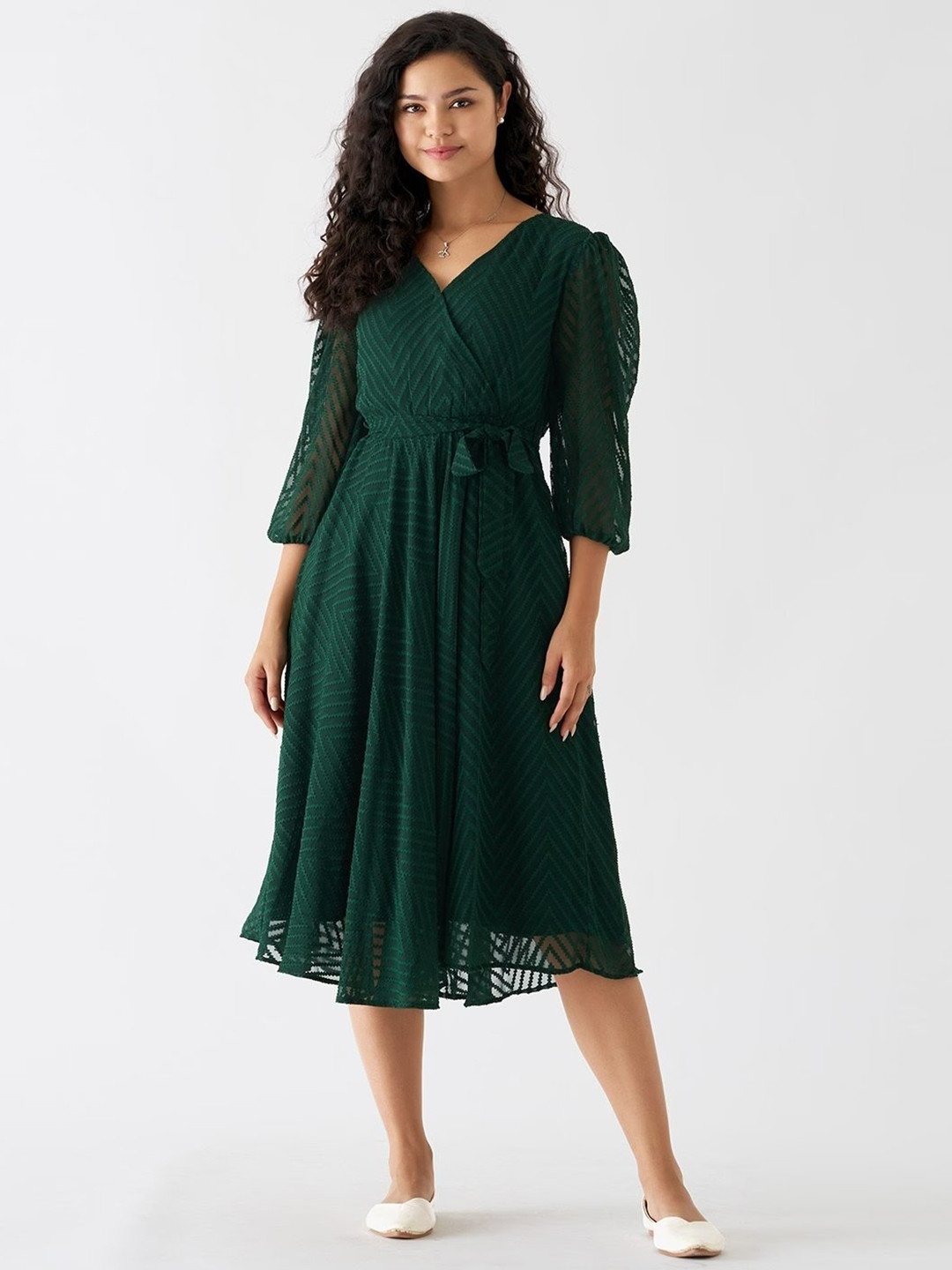 SIDYAL Chevron Pattern Puff Sleeve Georgette Fit & Flare Dress