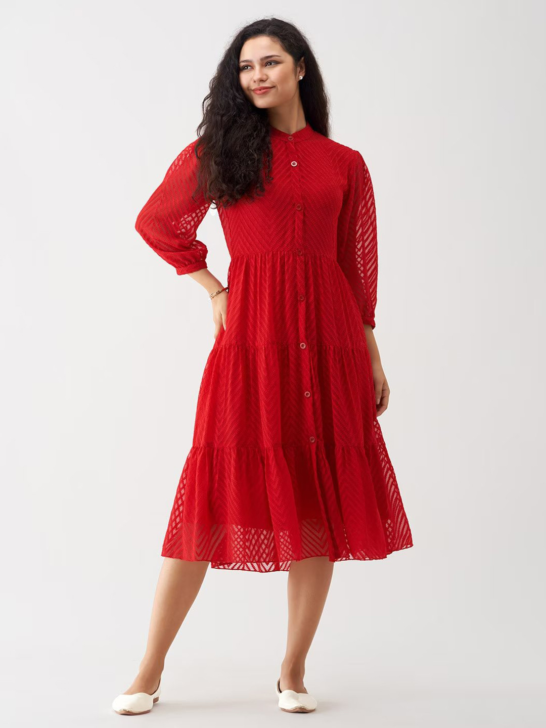SIDYAL Chevron Pattern Georgette Fit & Flare Midi Dress