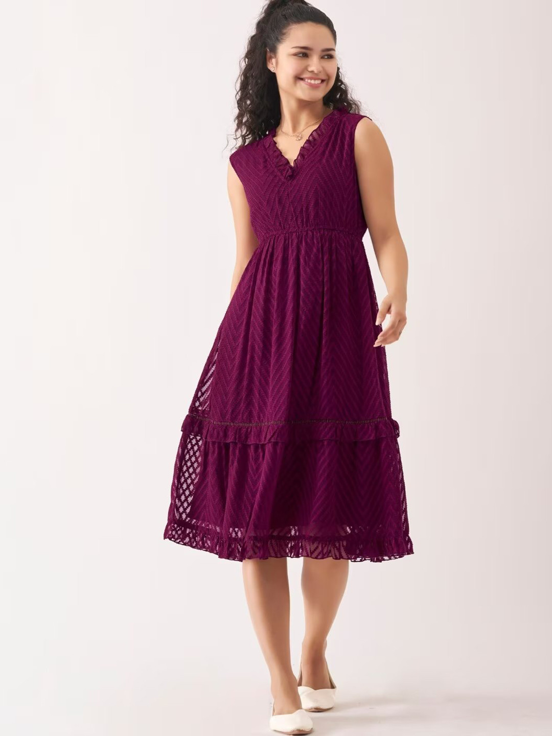 SIDYAL Chevron Pattern Georgette Fit & Flare Midi Dress