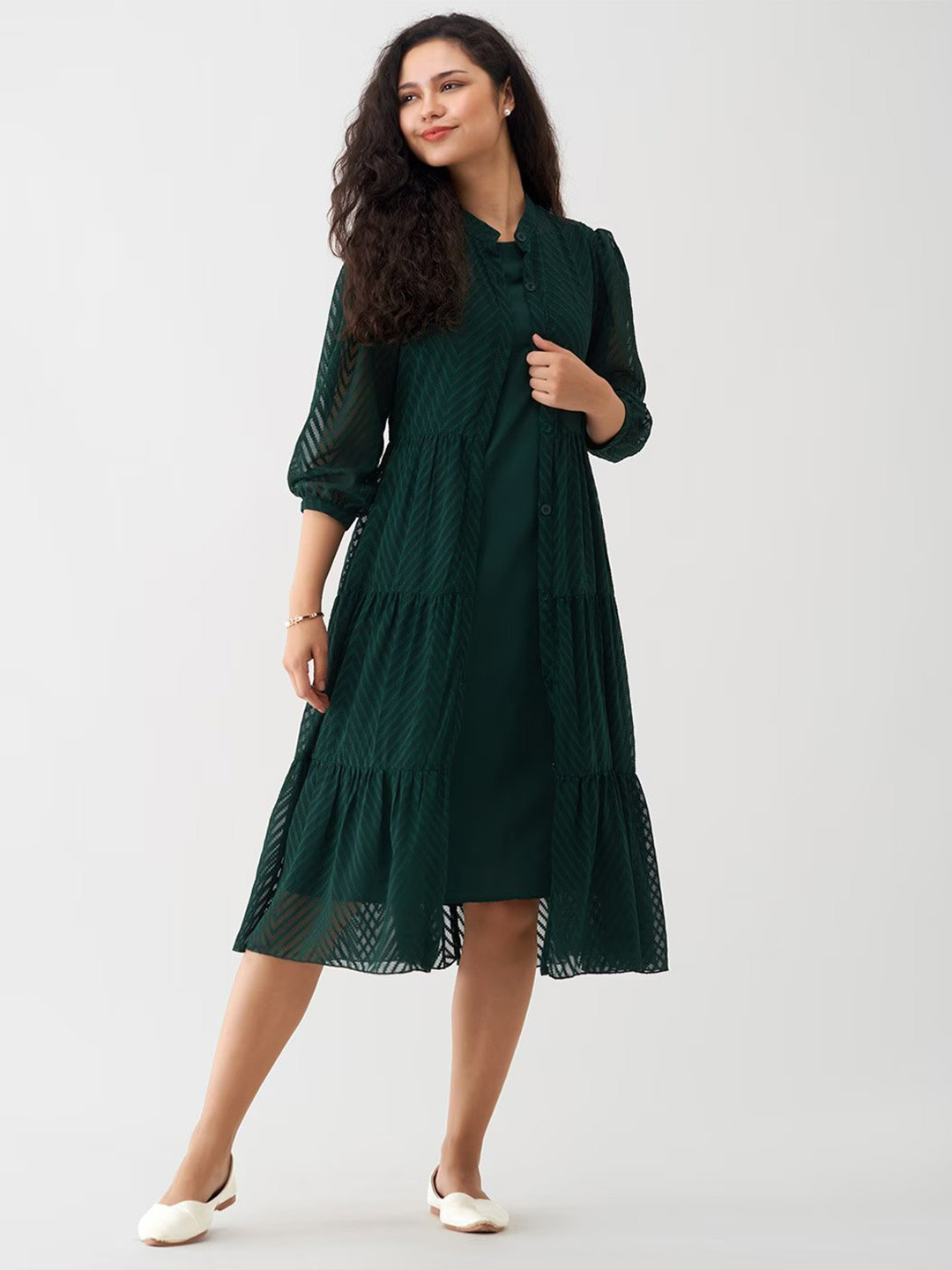 SIDYAL Chevron Pattern Georgette Fit & Flare Midi Dress