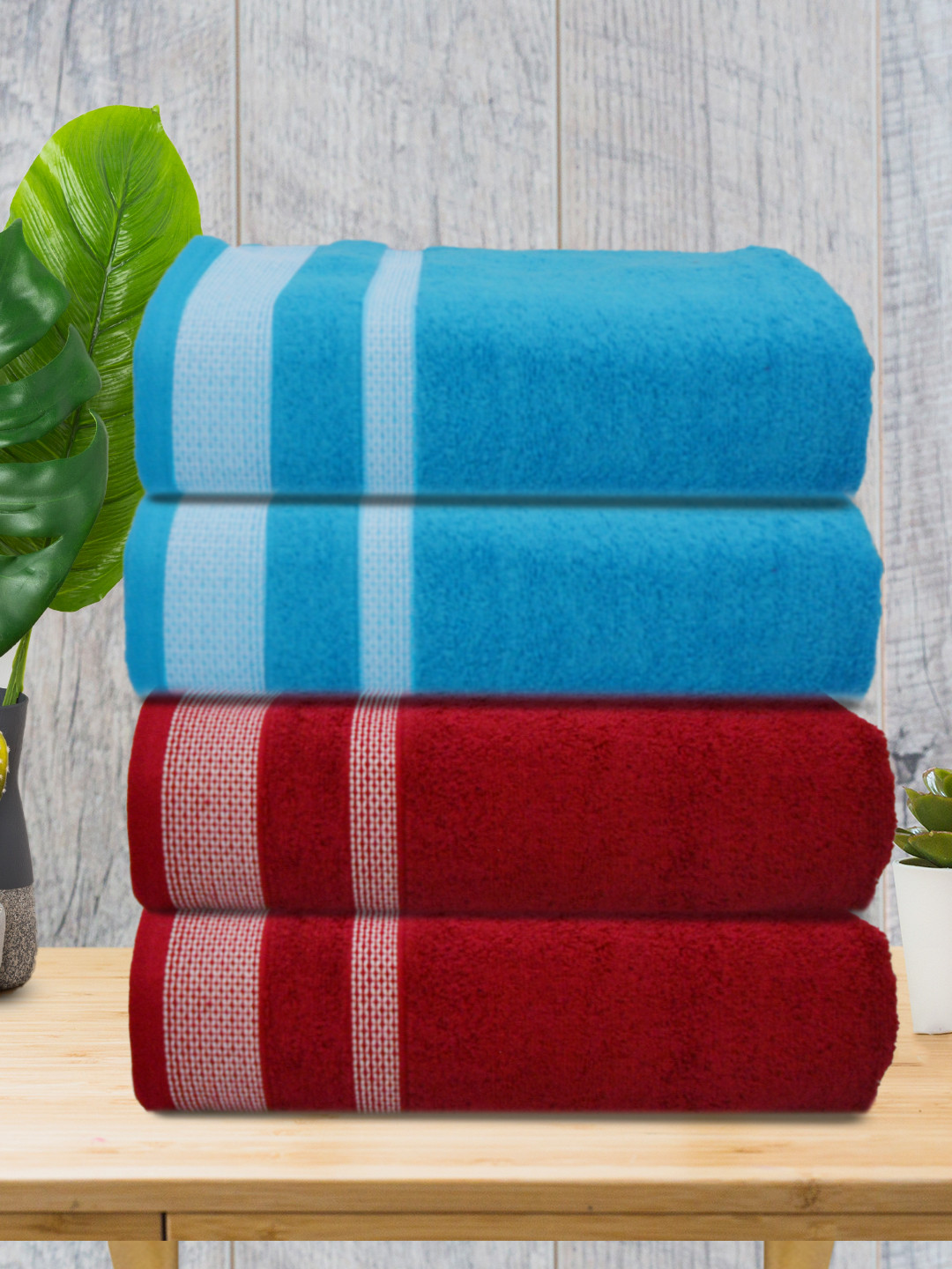 Athom Living Blue Red 4 Pieces 400 GSM Cotton Bath Towels