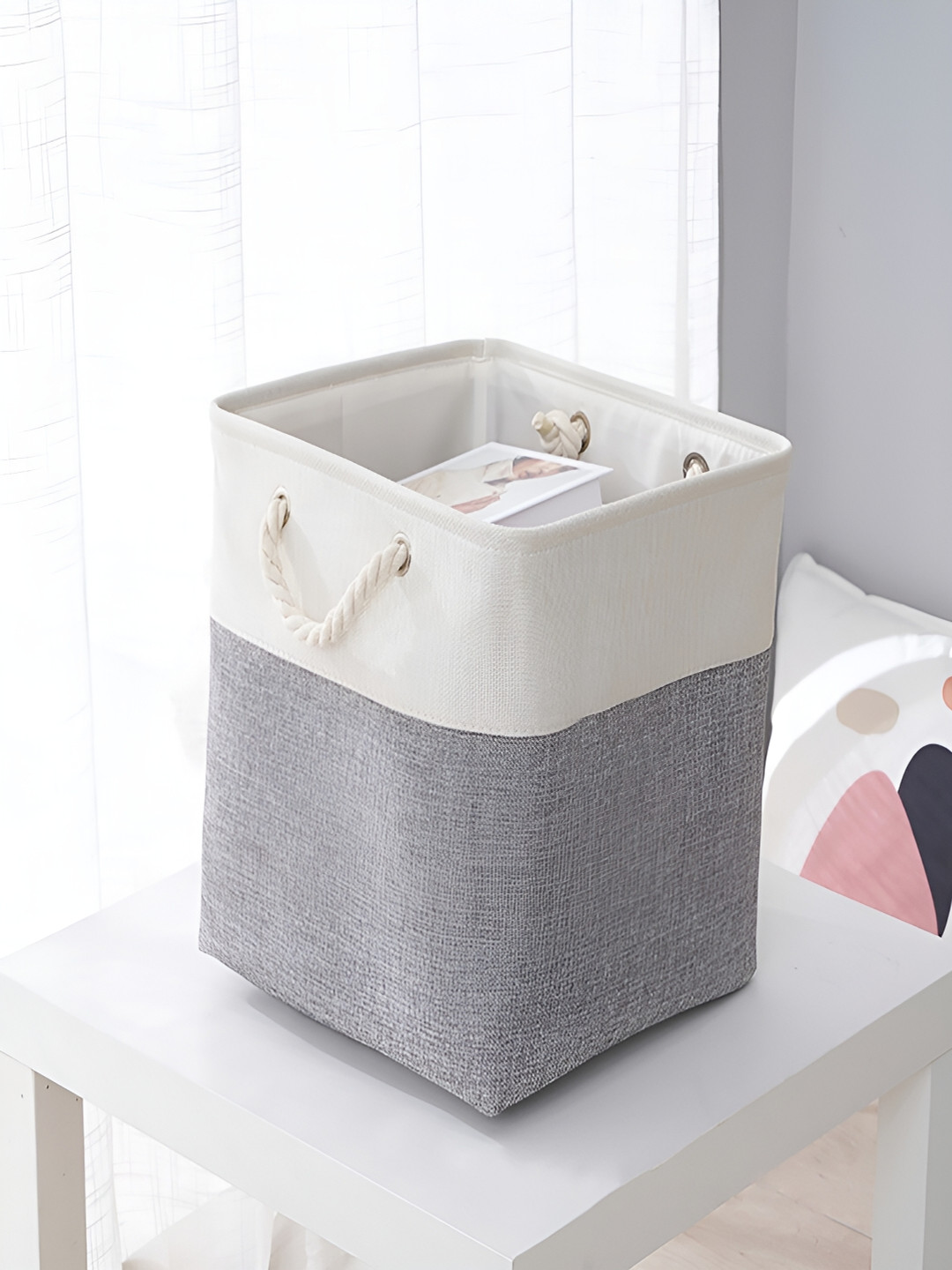 Kuber Industries White & Grey Coloured Blocked Water Resistant Foldable Storage Basket