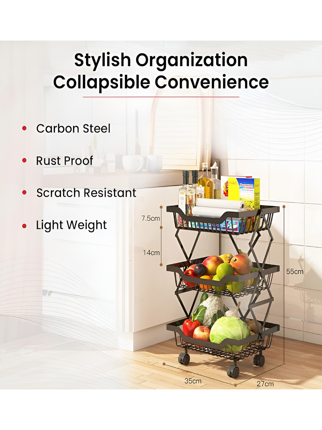 Kuber Industries Black 3 Layers Collapsible 360 Degree Rotatable Kitchen Rack